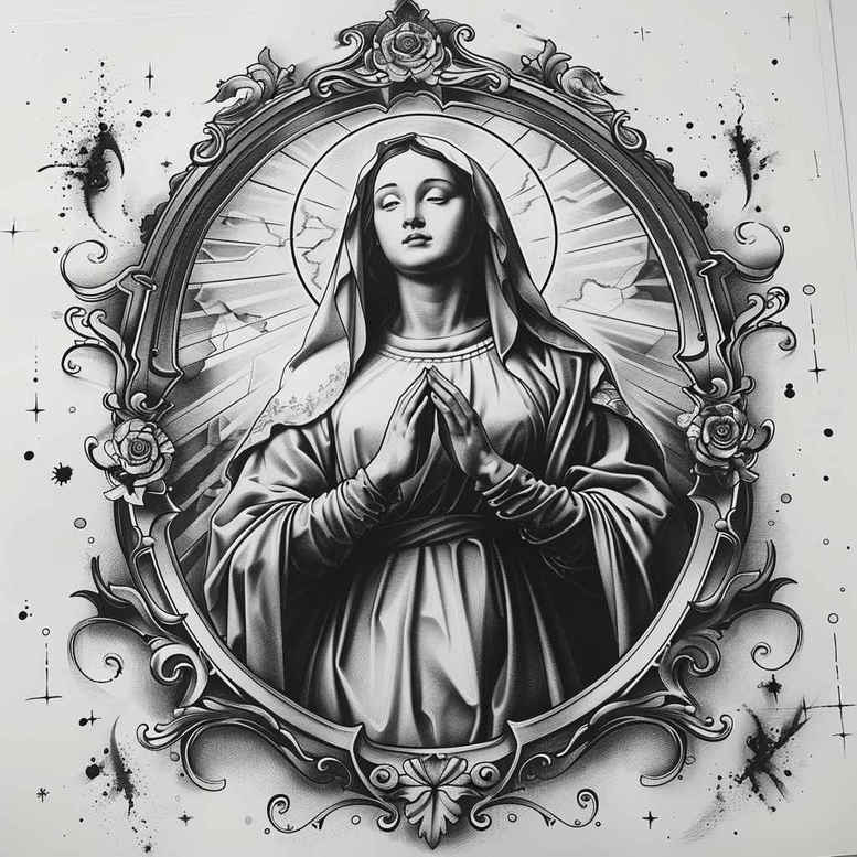 mary-with-prayer – tattoo design ideas free ai generated – true-rendering – for-heel – Gallery: mary-inkby-ai