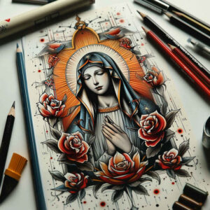 mary-with-rose – tattoo design ideas free ai generated – highlight-detail – for-lower-arm – Gallery: mary-inkby-ai