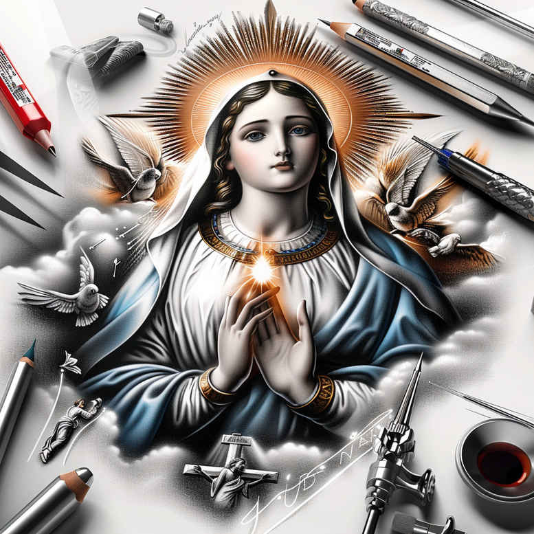 mary-with-rose – tattoo design ideas free ai generated – highlight-detail – for-wrist – Gallery: mary-inkby-ai
