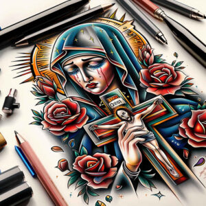 mary-with-rose – tattoo design ideas free ai generated – ink-layering – for-ankle – Gallery: mary-inkby-ai