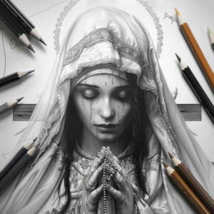 mary-with-rose – tattoo design ideas free ai generated – real-life-shading – for-knee – Gallery: mary-inkby-ai