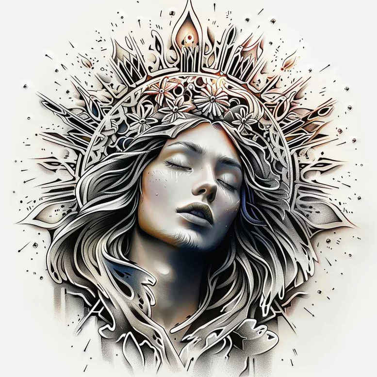mary-with-rose – tattoo design ideas free ai generated – real-life-shading – for-upper-arm – Gallery: mary-inkby-ai