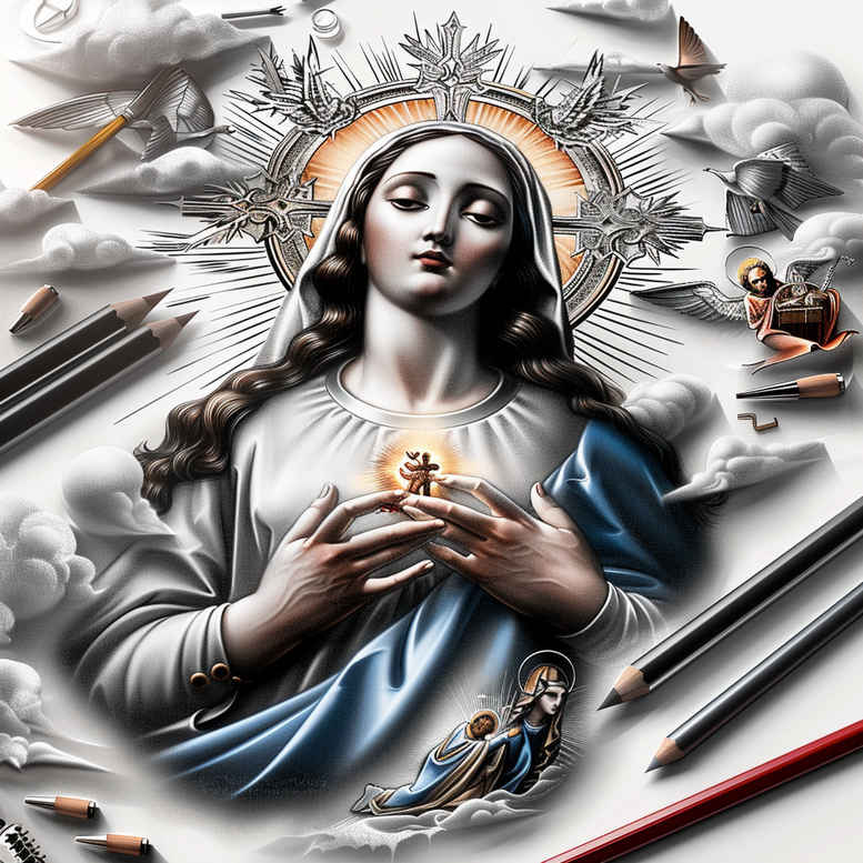 mary-with-shadow – tattoo design ideas free ai generated – dimensional-ink – for-sternum – Gallery: mary-inkby-ai