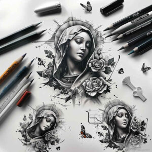 mary-with-shadow – tattoo design ideas free ai generated – full-detail – for-biceps – Gallery: mary-inkby-ai