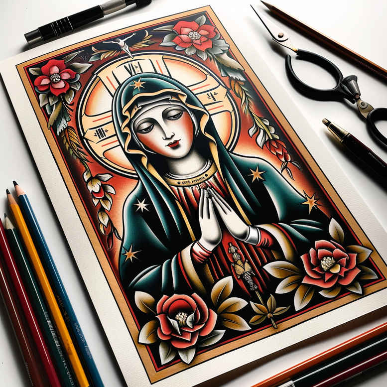 mary-with-shadow – tattoo design ideas free ai generated – moist-effect – for-toe – Gallery: mary-inkby-ai