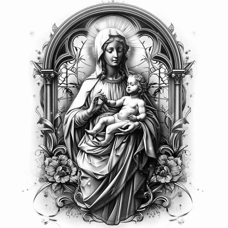 mary-with-shadow – tattoo design ideas free ai generated – realistic-lighting – for-inner-arm – Gallery: mary-inkby-ai