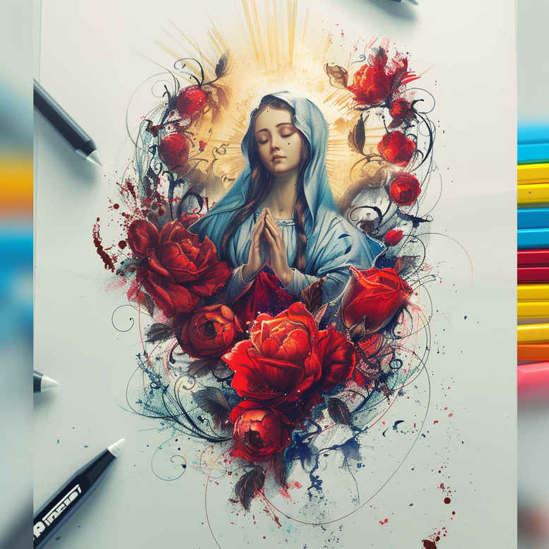 mary-with-shadow – tattoo design ideas free ai generated – textured-light – for-lower-back – Gallery: mary-inkby-ai