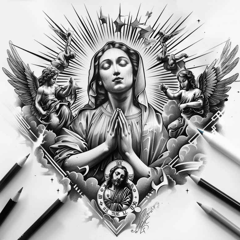 mary-with-shadow – tattoo design ideas free ai generated – volume-effect – for-biceps – Gallery: mary-inkby-ai