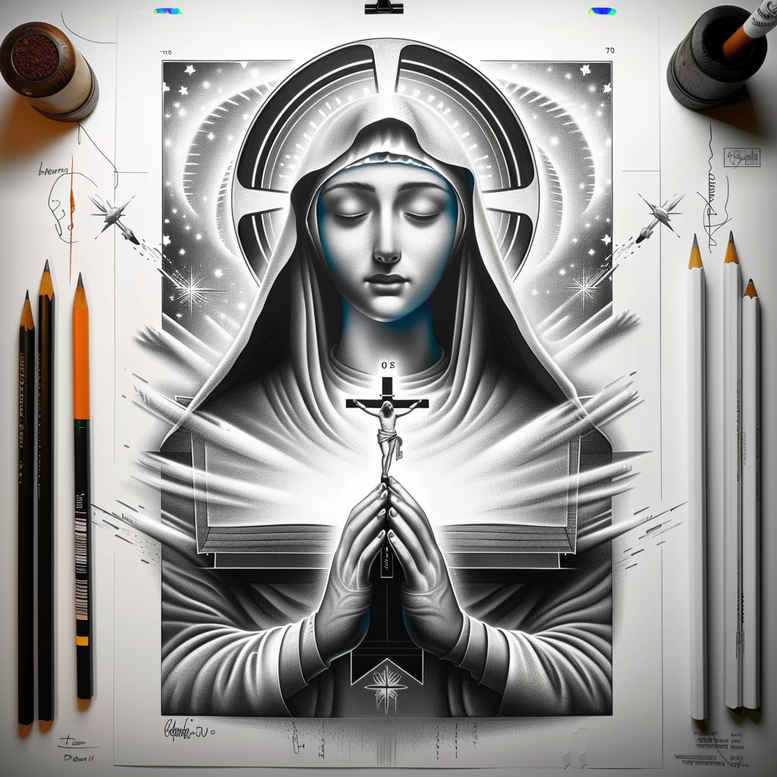mary-with-stars – tattoo design ideas free ai generated – illusion-of-depth – for-sternum – Gallery: mary-inkby-ai