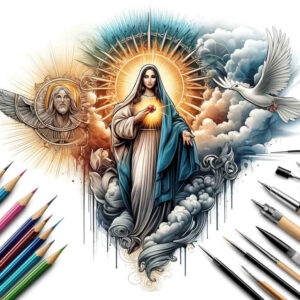 mary-with-stars – tattoo design ideas free ai generated – mirrored-effect – for-sternum – Gallery: mary-inkby-ai