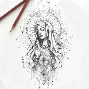 mary-with-stars – tattoo design ideas free ai generated – true-rendering – for-upper-thigh – Gallery: mary-inkby-ai