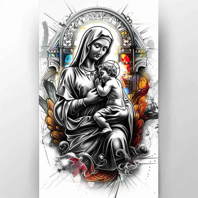 mary-with-stars – tattoo design ideas free ai generated – ultra-detailed – for-toe – Gallery: mary-inkby-ai