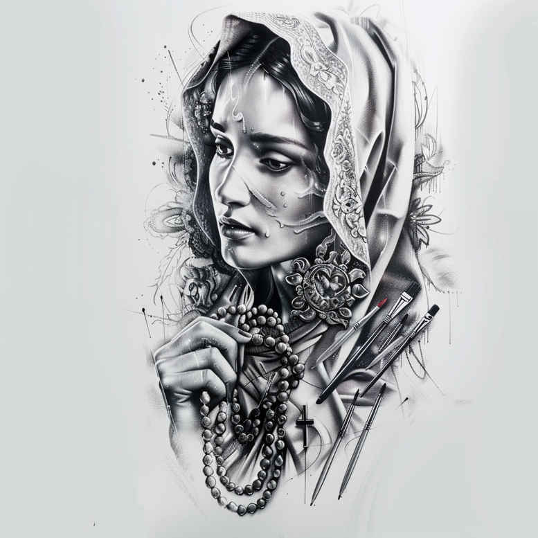 mary-with-symbol – tattoo design ideas free ai generated – skin-texture – for-outer-arm – Gallery: mary-inkby-ai