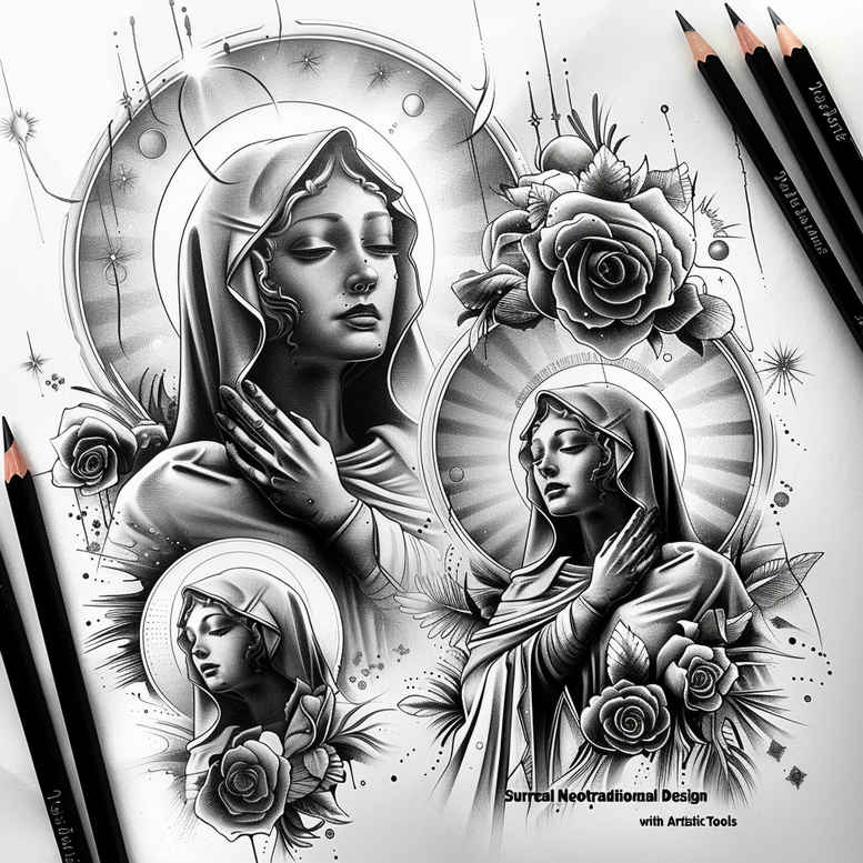 mother-mary – tattoo design ideas free ai generated – fine-lines – for-side – Gallery: mary-inkby-ai