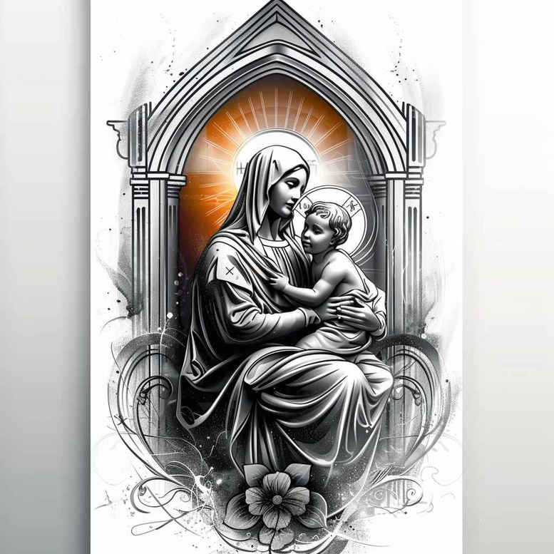 mystical-mary – tattoo design ideas free ai generated – hyper-realistic – for-knee – Gallery: mary-inkby-ai