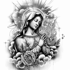 mystical-mary – tattoo design ideas free ai generated – illusion-of-depth – for-lower-thigh – Gallery: mary-inkby-ai