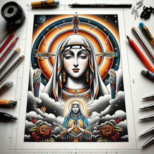 mystical-mary – tattoo design ideas free ai generated – natural-color-palette – for-upper-chest – Gallery: mary-inkby-ai