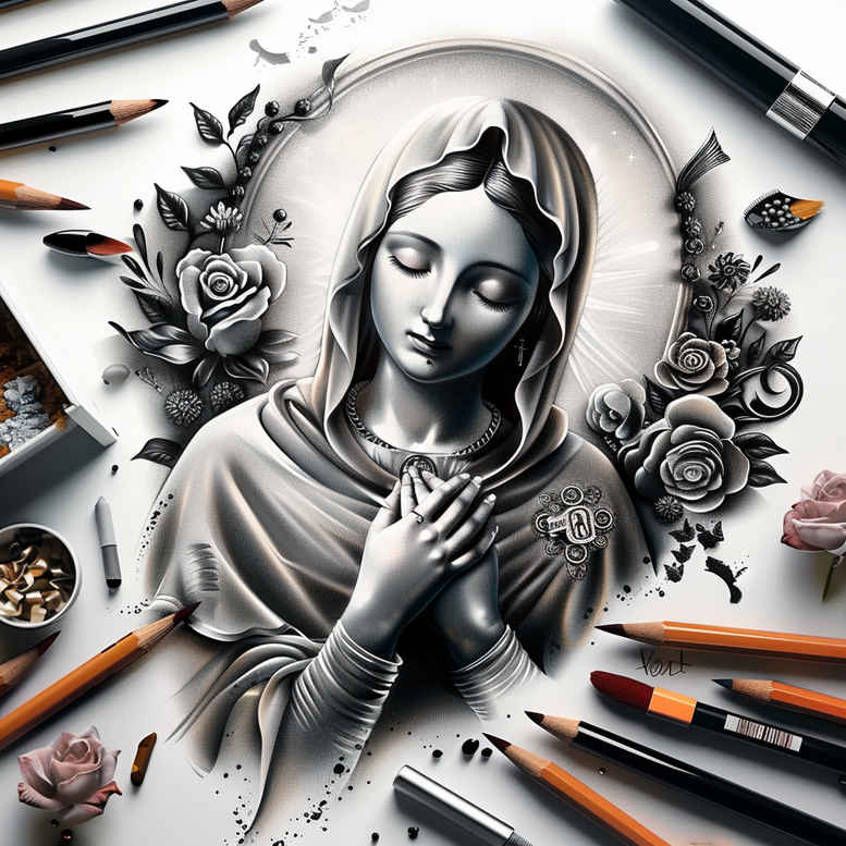 mystical-mary – tattoo design ideas free ai generated – optical-illusion – for-upper-thigh – Gallery: mary-inkby-ai