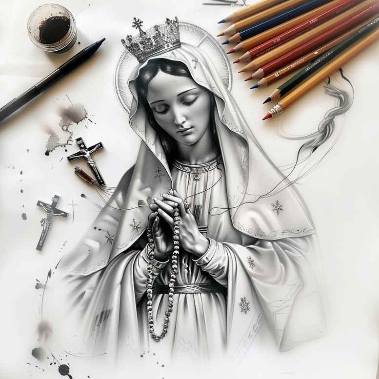 mystical-mary – tattoo design ideas free ai generated – real-life-shading – for-inner-arm – Gallery: mary-inkby-ai