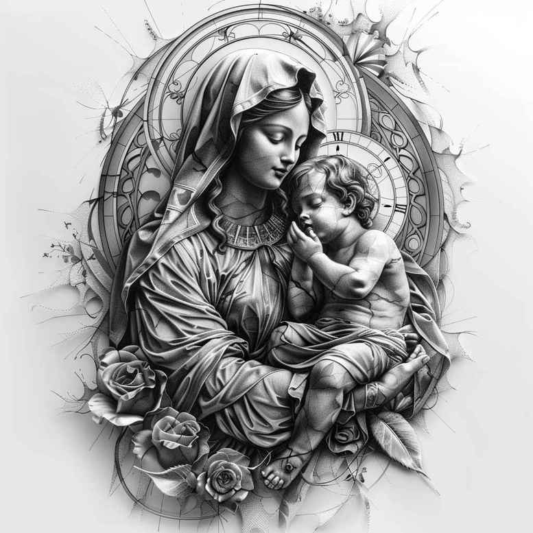 realistic-mary – tattoo design ideas free ai generated – depth-of-field – for-scapula – Gallery: mary-inkby-ai