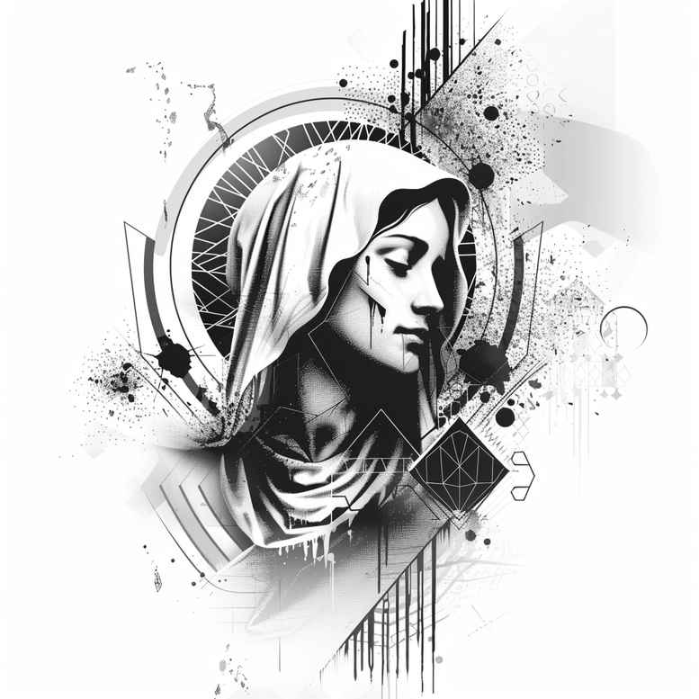 realistic-mary – tattoo design ideas free ai generated – illustrative-style – for-back-of-neck – Gallery: mary-inkby-ai