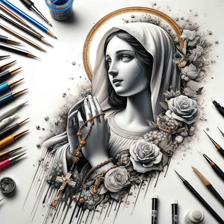 realistic-mary – tattoo design ideas free ai generated – rich-blacks – for-thigh – Gallery: mary-inkby-ai