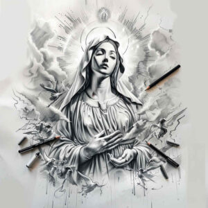 spiritual-mary – tattoo design ideas free ai generated – clean-lines – for-ribs – Gallery: mary-inkby-ai