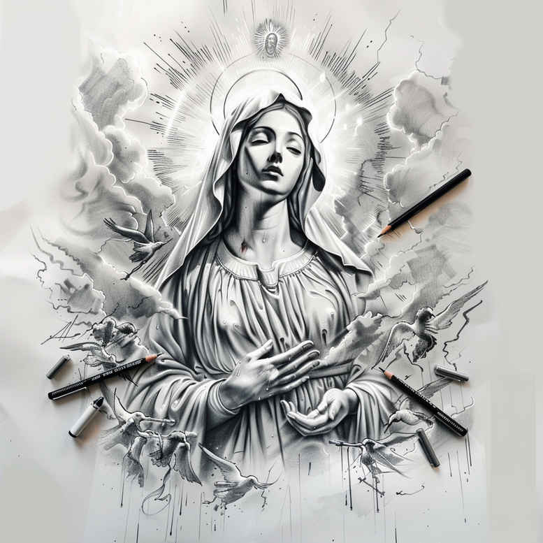 spiritual-mary – tattoo design ideas free ai generated – clean-lines – for-ribs – Gallery: mary-inkby-ai