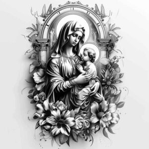 spiritual-mary – tattoo design ideas free ai generated – light-play – for-upper-thigh – Gallery: mary-inkby-ai