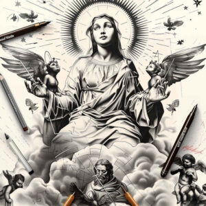 spiritual-mary – tattoo design ideas free ai generated – tactile-shading – for-lower-thigh – Gallery: mary-inkby-ai