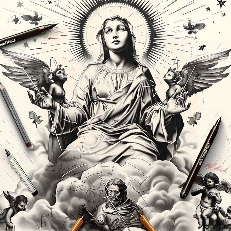 spiritual-mary – tattoo design ideas free ai generated – tactile-shading – for-lower-thigh – Gallery: mary-inkby-ai