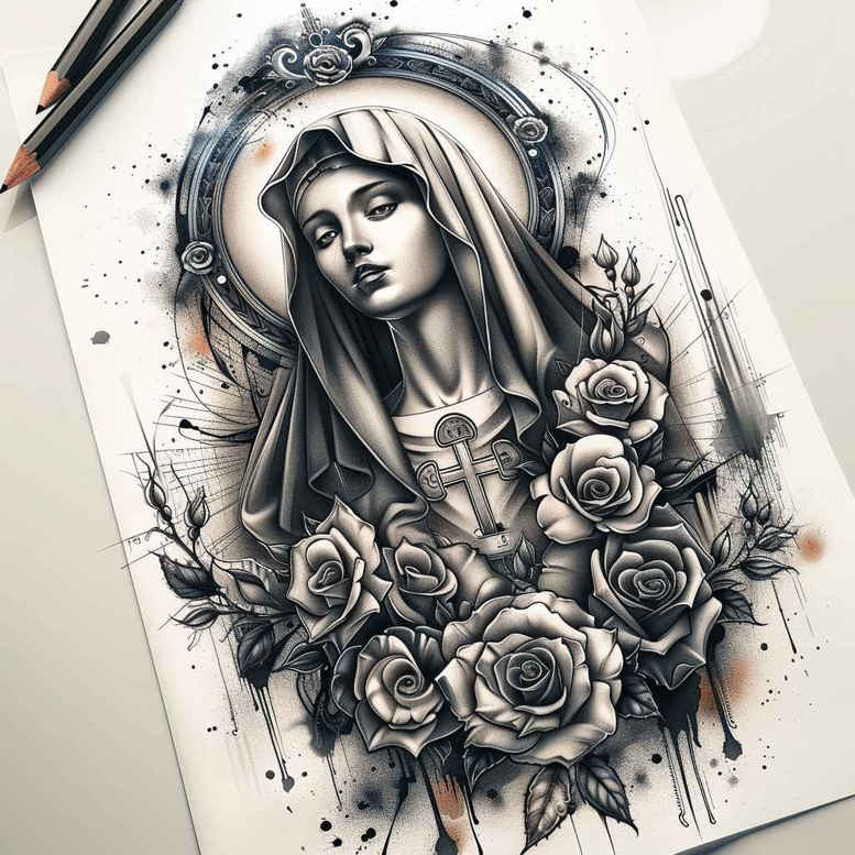 mary tattoo design ideas Surrealism abstract forms blessed figure embodying courage