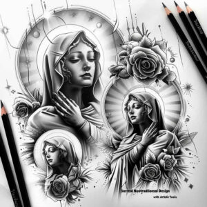 mary tattoo design ideas Realism ultra detailed compassionate endurance and power