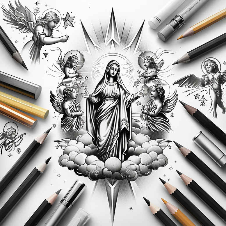 mary tattoo design ideas Realism sharp focus purity for upper arm