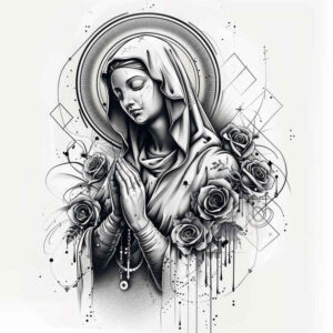mary tattoo design ideas 3D-rendered sacred imagery for shoulder blade