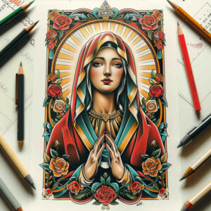 mary tattoo design ideas Surrealism visionary serene expression for full back