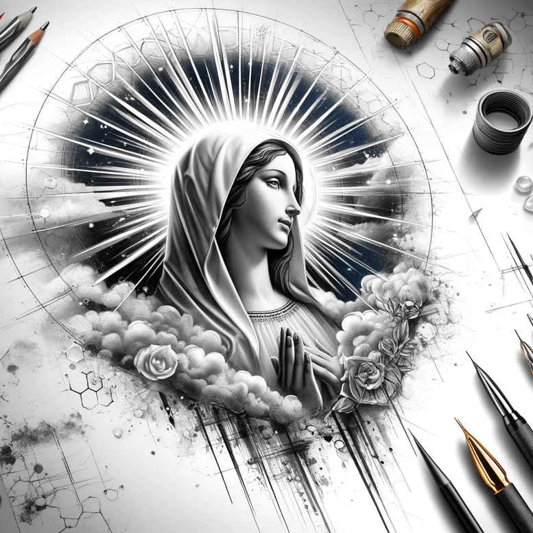 mary tattoo design ideas Surrealism dreamlike spiritual light embodying resilience