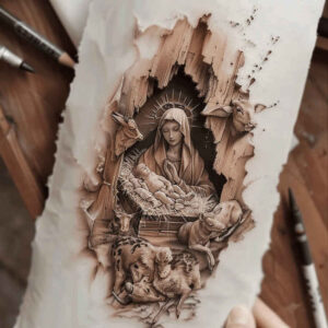 mary tattoo design ideas Surrealism mysterious spiritual strength for upper shoulder