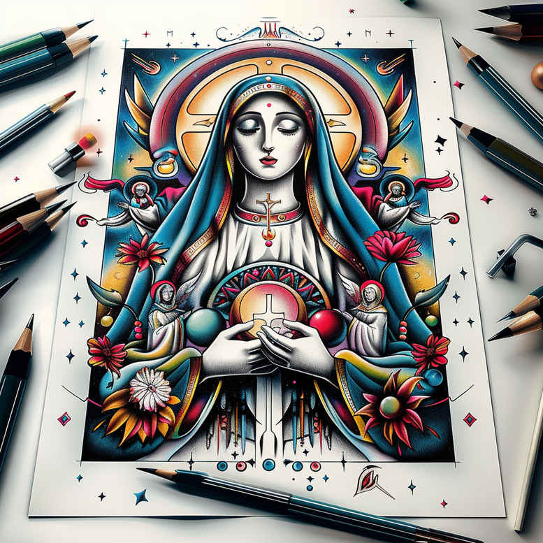 virgin-mary-with-heart – tattoo design ideas free ai generated – surface-complexity – for-elbow – Gallery: mary-inkby-ai