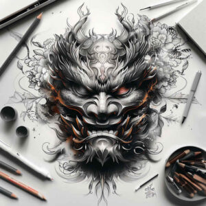 3d-effect-mask – tattoo design ideas free ai generated – neotraditional-bold-texture – for-behind-ear – Gallery: masks-inkby-ai