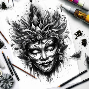 3d-effect-mask – tattoo design ideas free ai generated – realism-depth-illusion – for-back-shoulder – Gallery: masks-inkby-ai