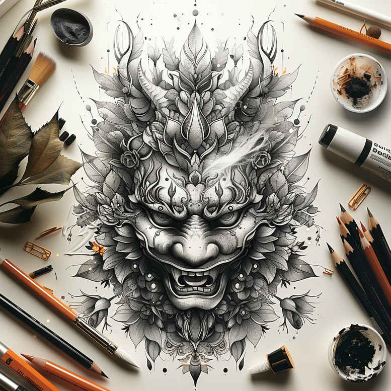 african-mask – tattoo design ideas free ai generated – surrealism-hallucinogenic – for-spine – Gallery: masks-inkby-ai