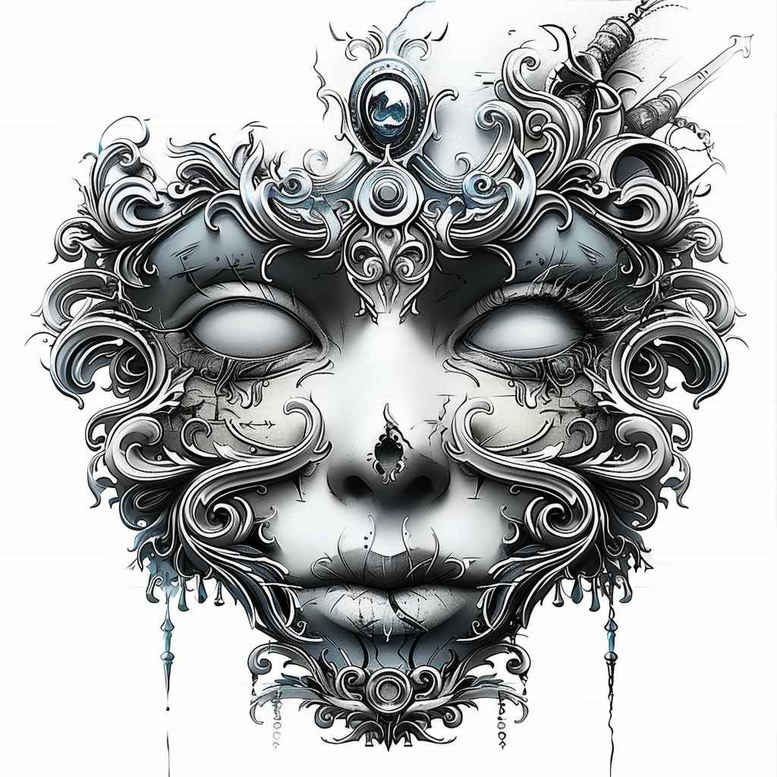 artistic-mask – tattoo design ideas free ai generated – neotraditional-fine-detail – for-stomach – Gallery: masks-inkby-ai