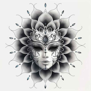 contoured-mask – tattoo design ideas free ai generated – neotraditional-bright-color – for-lower-back – Gallery: masks-inkby-ai