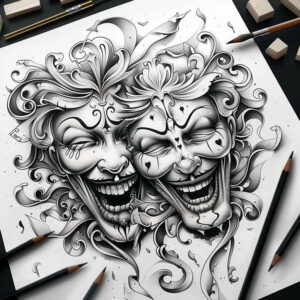 contoured-mask – tattoo design ideas free ai generated – neotraditional-clean-lines – for-collarbone – Gallery: masks-inkby-ai