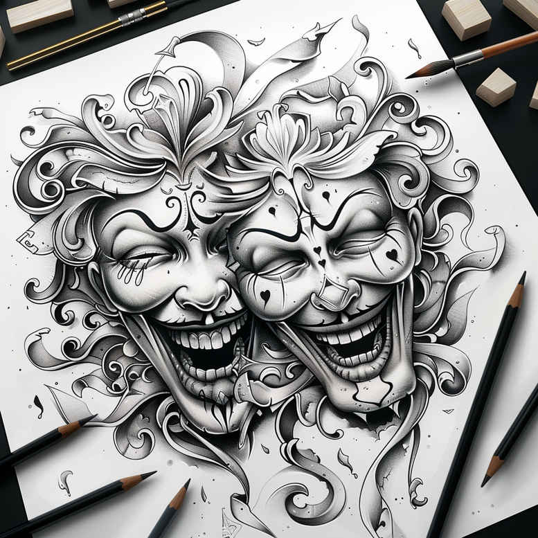 contoured-mask – tattoo design ideas free ai generated – neotraditional-clean-lines – for-collarbone – Gallery: masks-inkby-ai