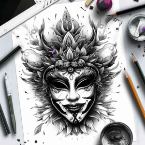 contoured-mask – tattoo design ideas free ai generated – neotraditional-enhanced-shading – for-temple – Gallery: masks-inkby-ai