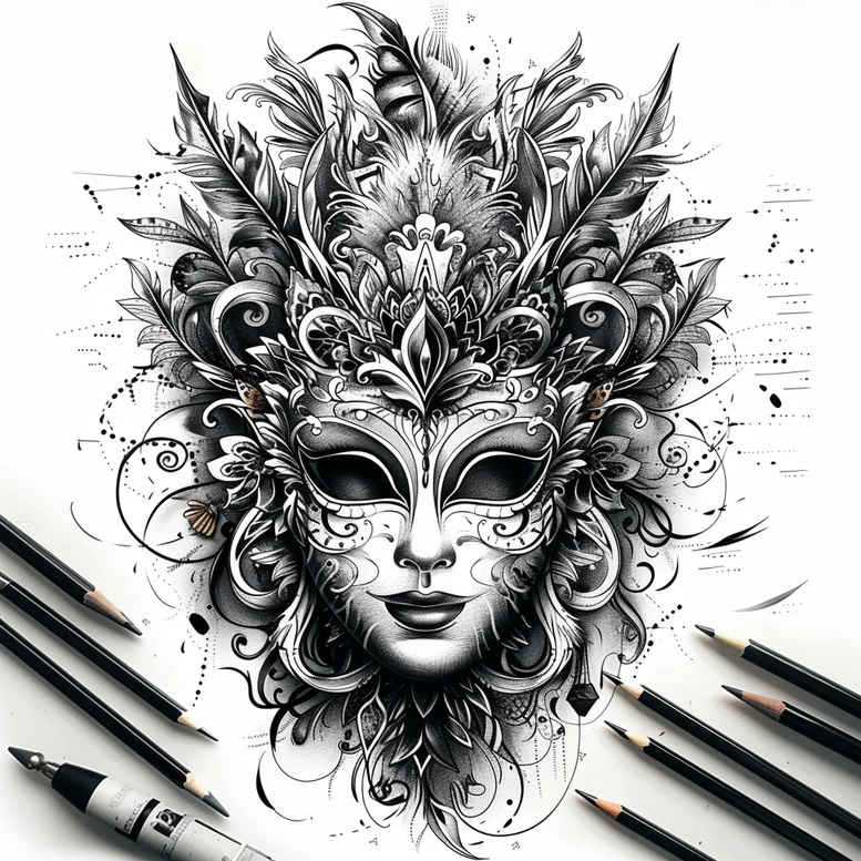 contoured-mask – tattoo design ideas free ai generated – realism-fine-lines – for-sternum – Gallery: masks-inkby-ai