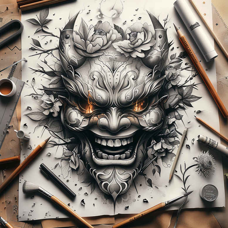 contoured-mask – tattoo design ideas free ai generated – realism-skin-texture – for-upper-arm – Gallery: masks-inkby-ai