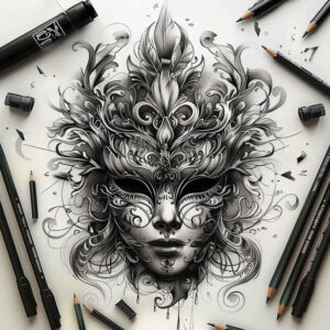 contoured-mask – tattoo design ideas free ai generated – realism-textured-skin – for-lower-back – Gallery: masks-inkby-ai